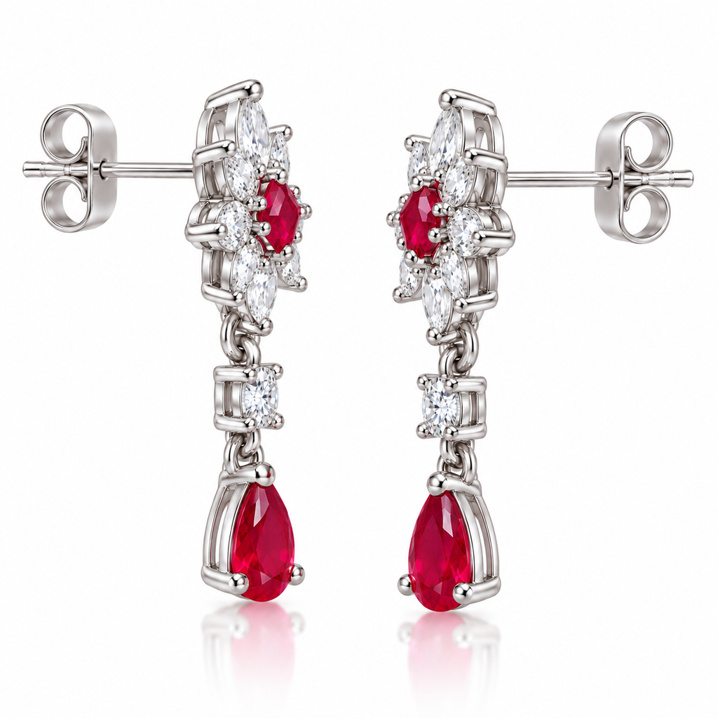 Side profile of Phimsera ruby floral drop earrings showing the layered floral-inspired design and dangling pear-cut ruby gemstones.