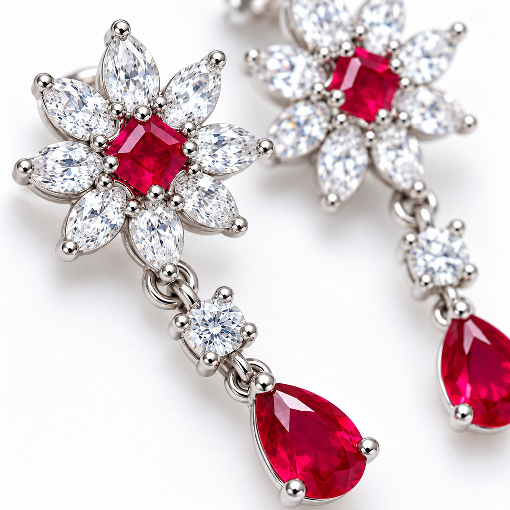 Macro view of ruby floral drop earrings highlighting the red ruby gemstones, cubic zirconia accents, and detailed metal settings.