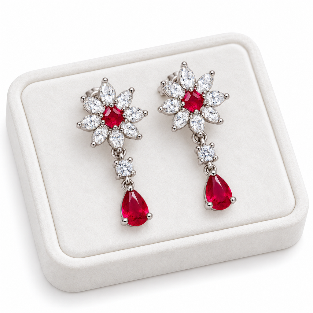Phimsera natural ruby floral drop earrings displayed on a white velvet jewelry tray with a clean luxury presentation.