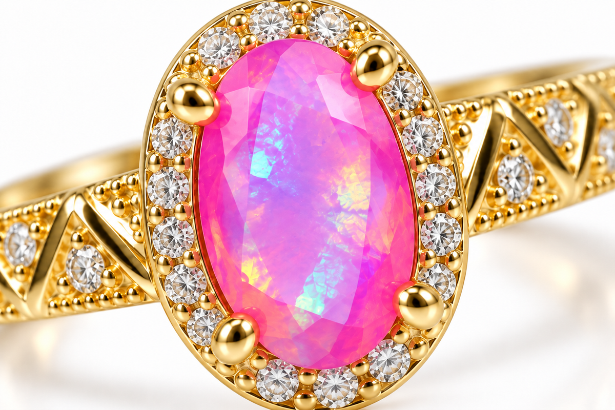 Macro close-up of a 4x8mm dyed pink Australian opal gemstone displaying pink, lavender, and multicolored flashes surrounded by sparkling cubic zirconia halo stones.