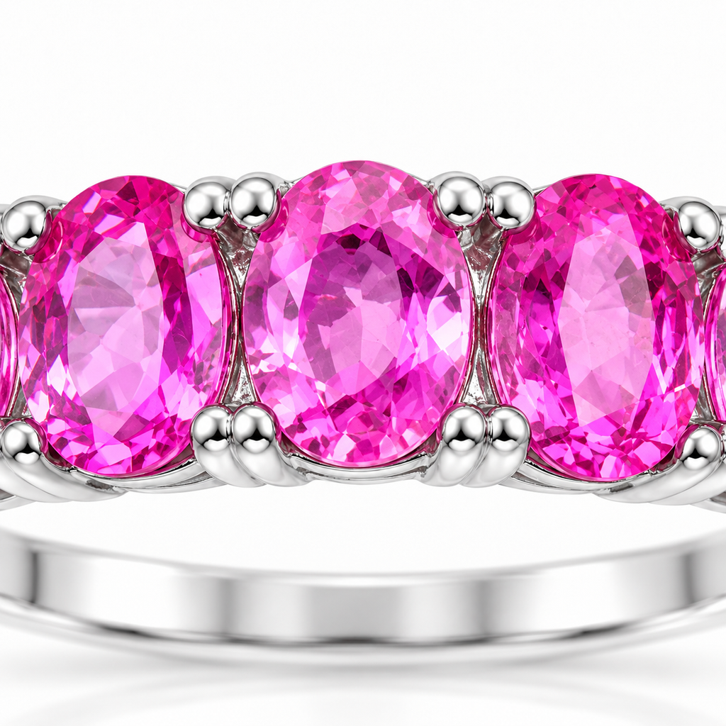 Close-up view of the natural pink sapphire gemstones in a 3x4mm pink sapphire band ring with a 925 sterling silver setting.