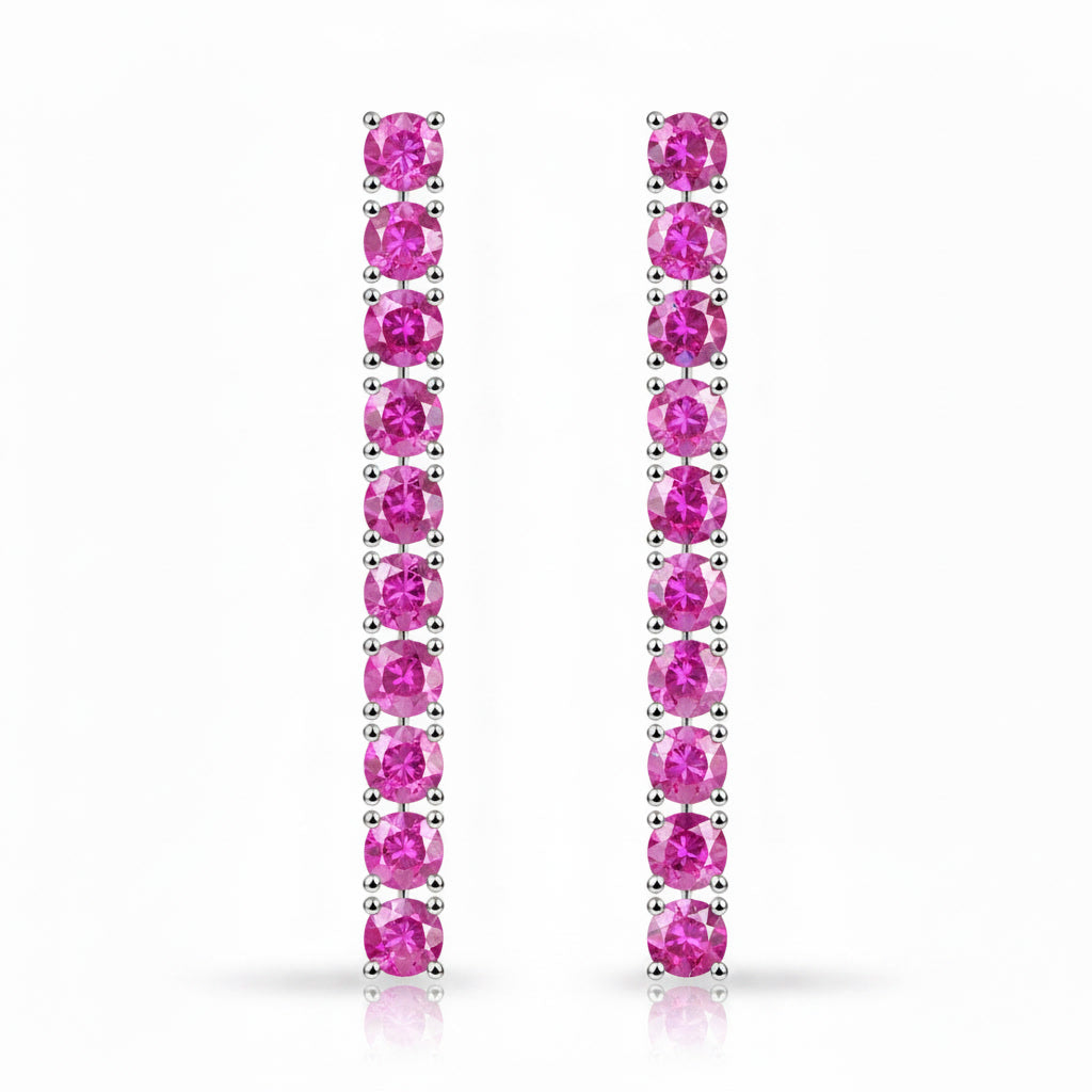 Front view of round 3mm Pink Sapphire gemstones in sterling silver dangle earrings