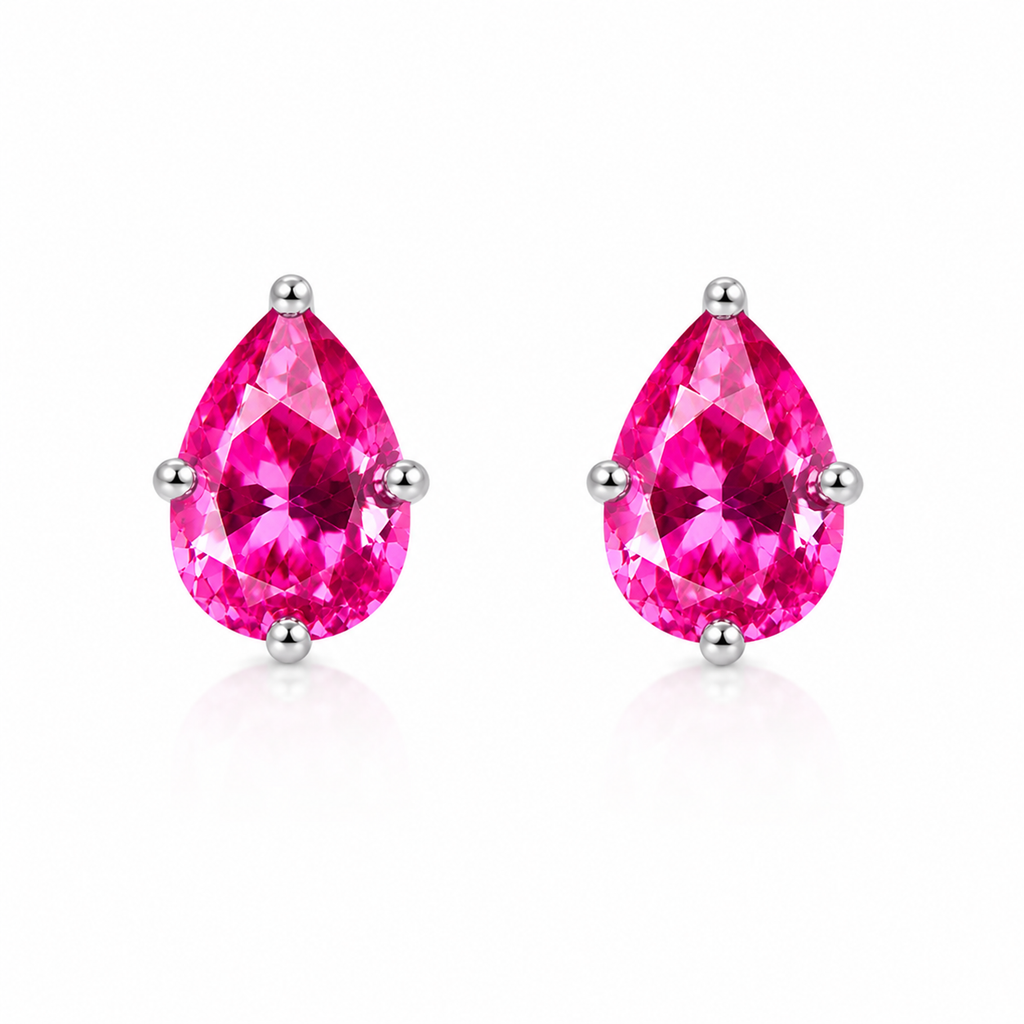 Natural 4x5mm pink topaz pear shaped stud earrings in 925 sterling silver on white background