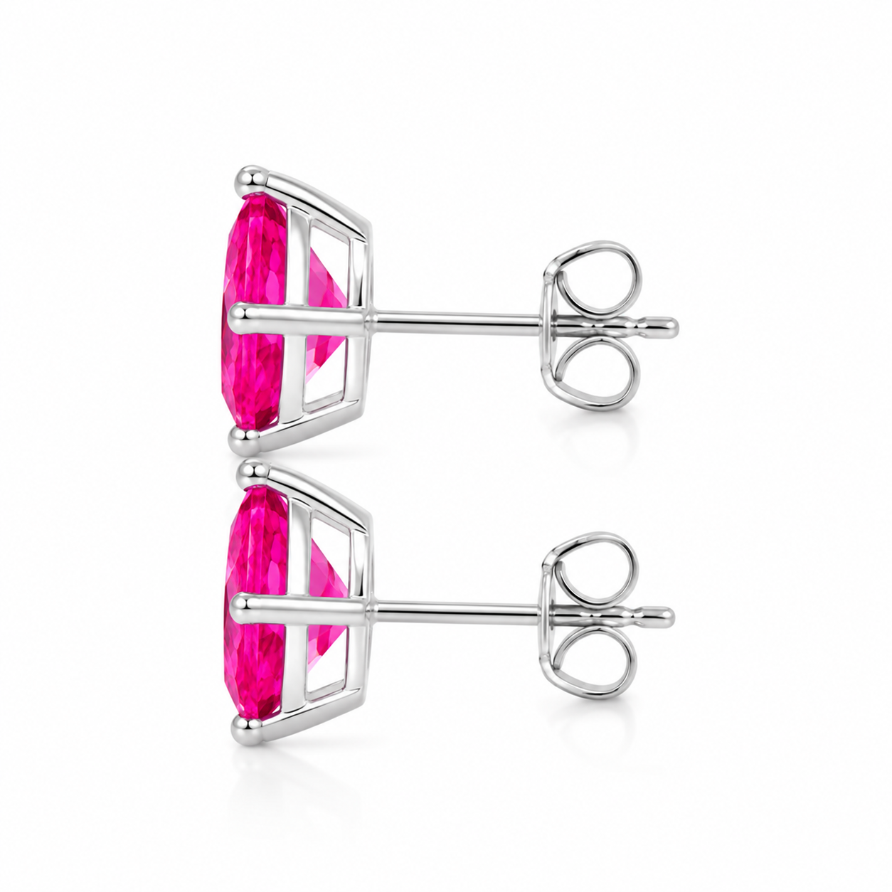 Natural pink topaz pear stud earrings in 925 sterling silver side angle view