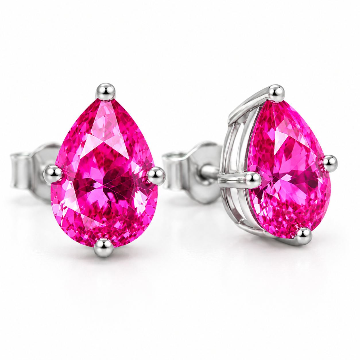 Close up macro view of natural 4x5mm pink topaz gemstone earrings showing faceted detail