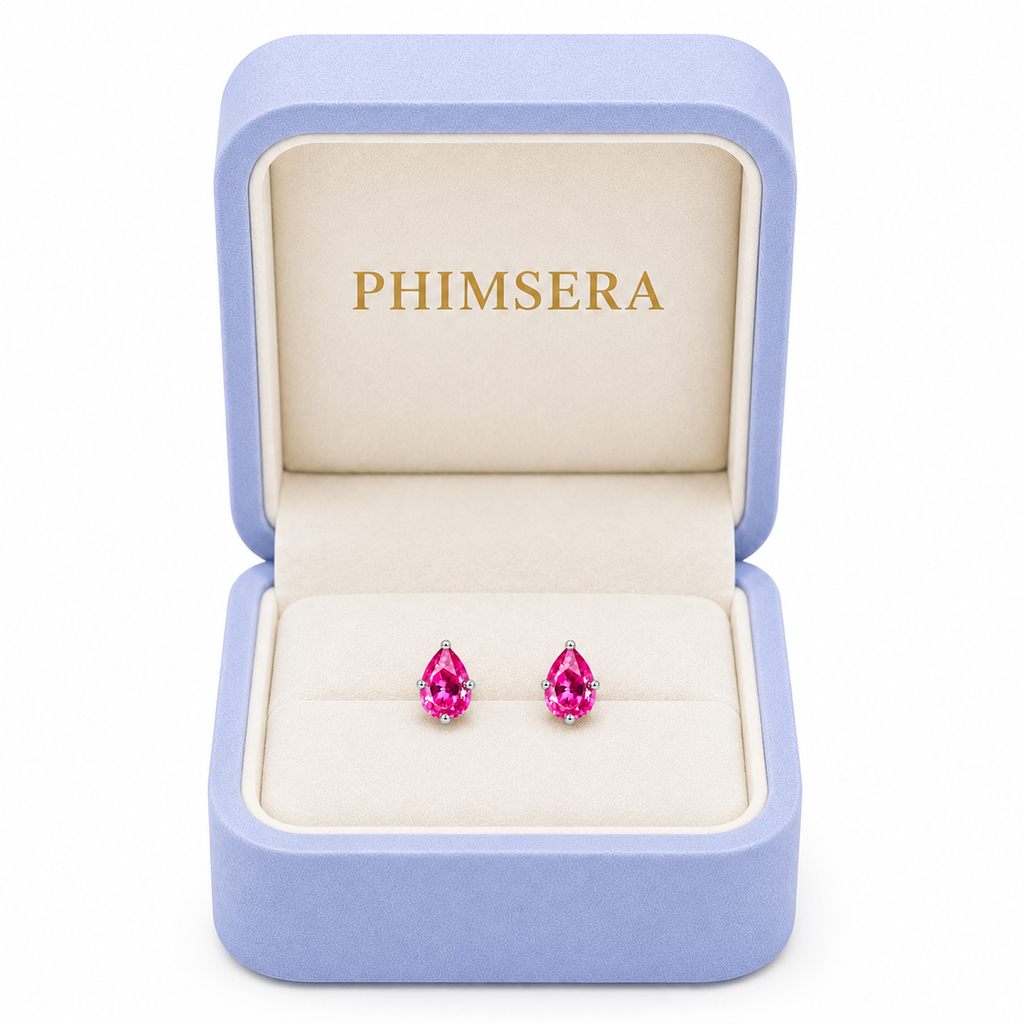 Natural 4x5mm pink topaz earrings displayed in Phimsera jewelry box