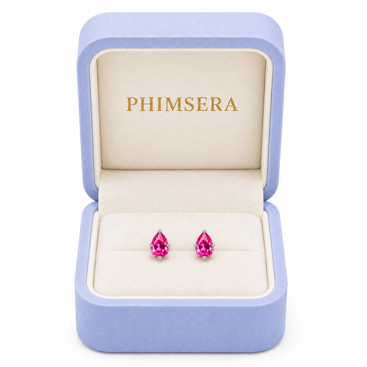Natural 4x5mm pink topaz earrings displayed in Phimsera jewelry box