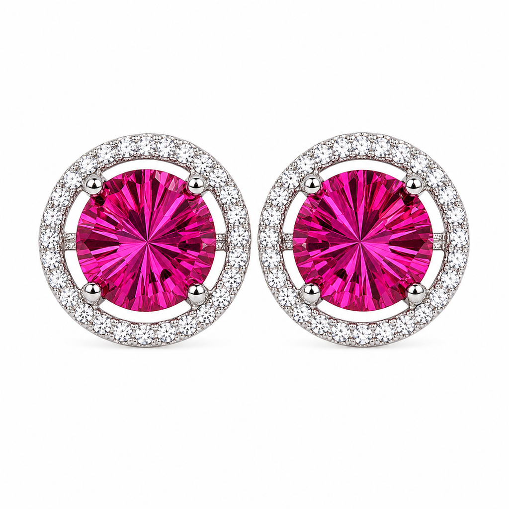 Natural 8mm pink topaz Firework Cut halo stud earrings in 925 sterling silver on white background