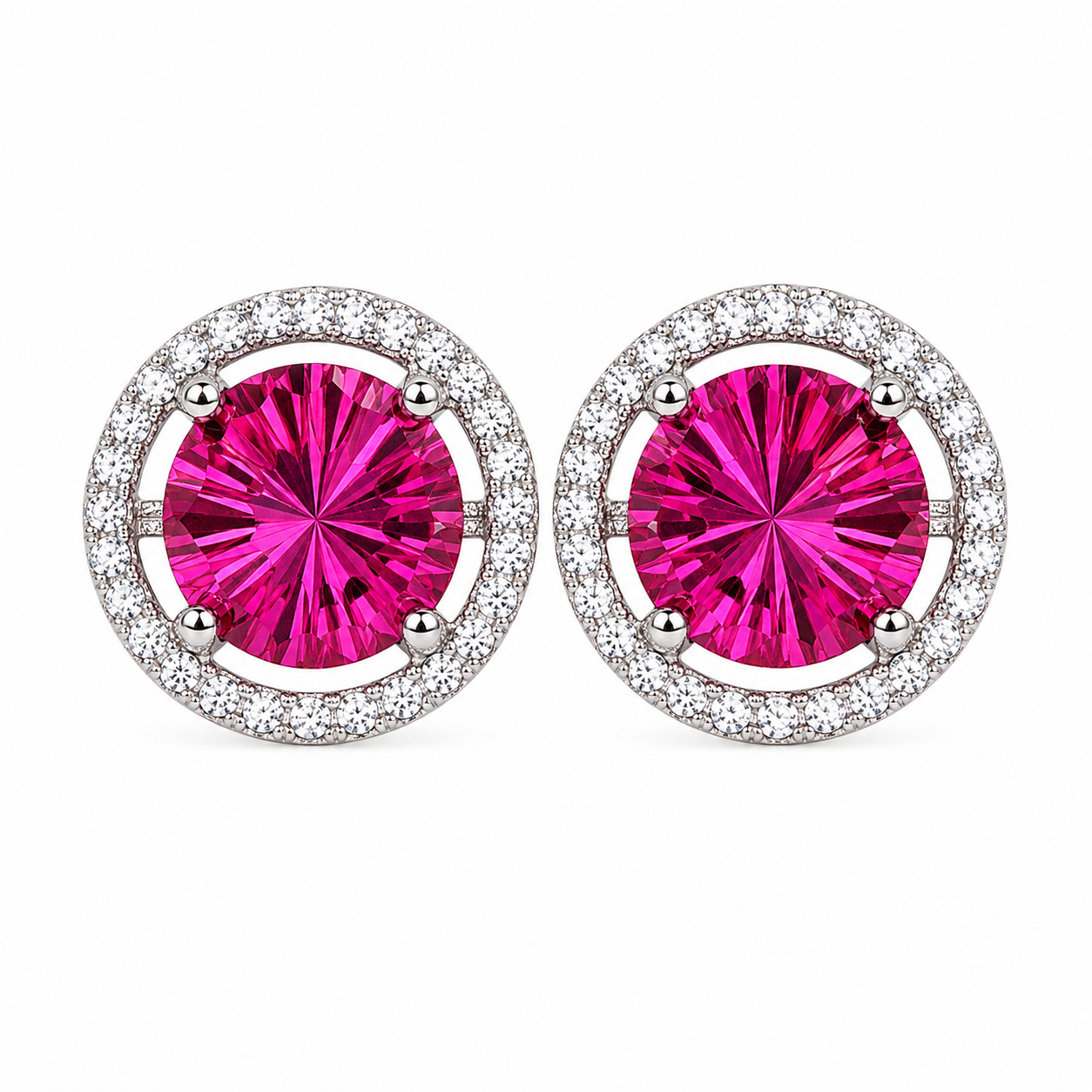 Natural 8mm pink topaz Firework Cut halo stud earrings in 925 sterling silver on white background