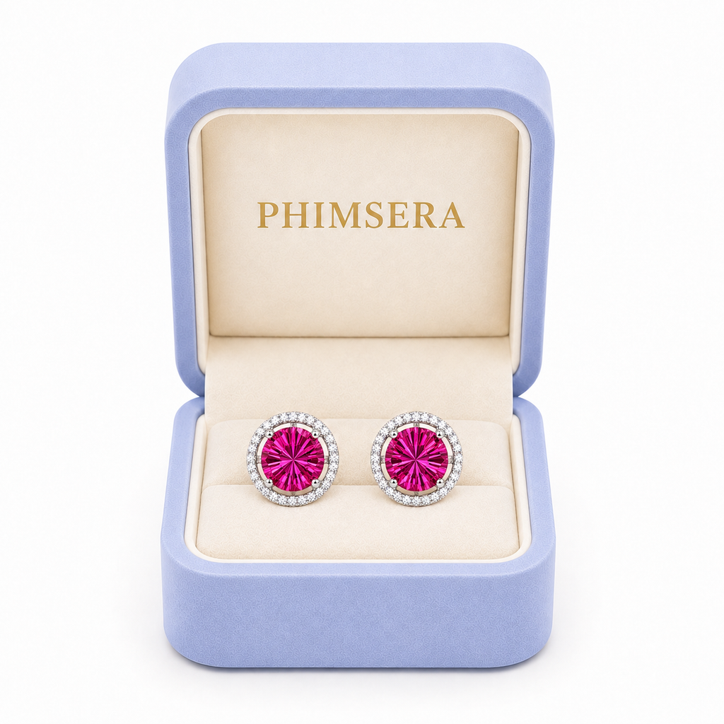 Natural 8mm pink topaz Firework Cut sterling silver earrings presented in a Phimsera jewelry box