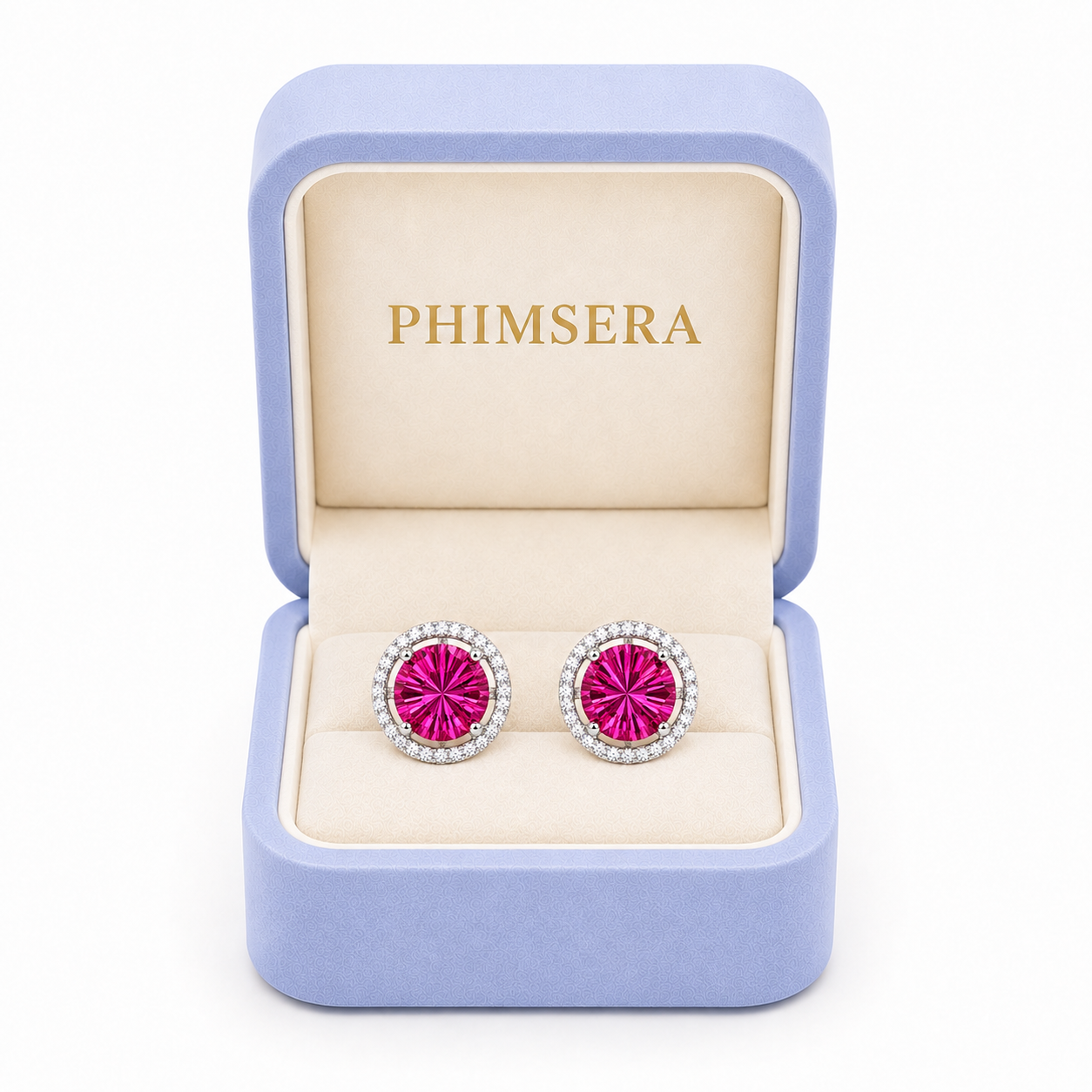 Natural 8mm pink topaz Firework Cut sterling silver earrings presented in a Phimsera jewelry box