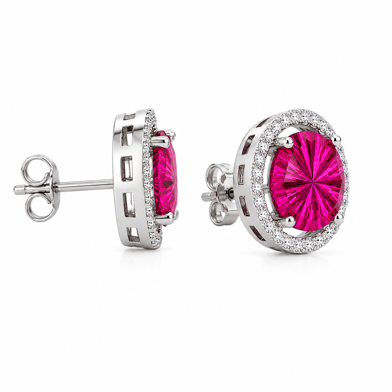 8mm round pink topaz Firework Cut sterling silver earrings shown from an alternate angle