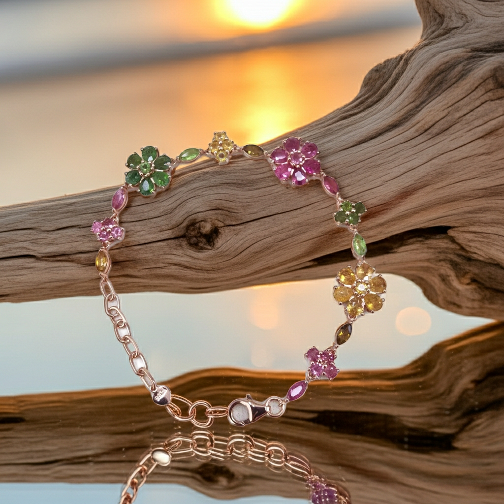 Natural Brazilian Tourmaline Tennis Bracelet, Tourmaline Flower Bracelet