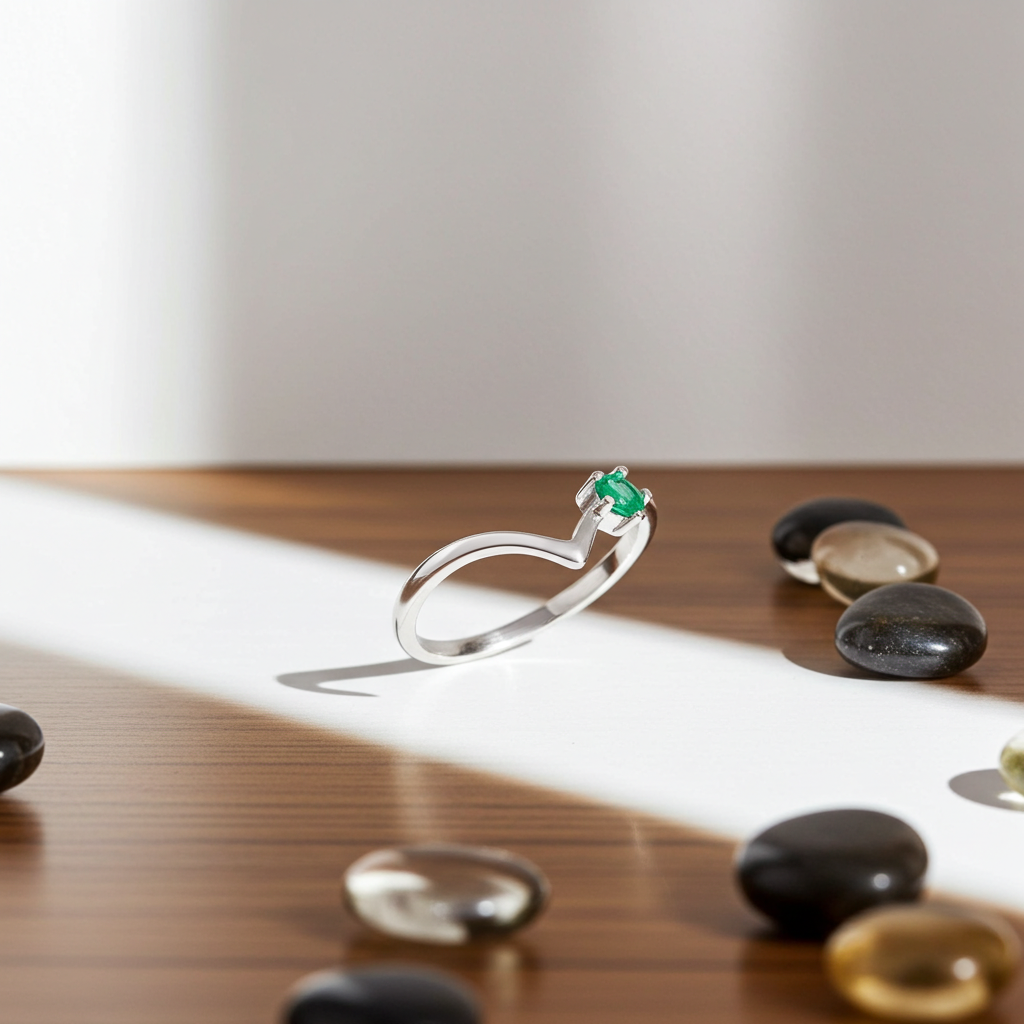 Dainty Natural Emerald Ring Platinum Plated Silver 3mm