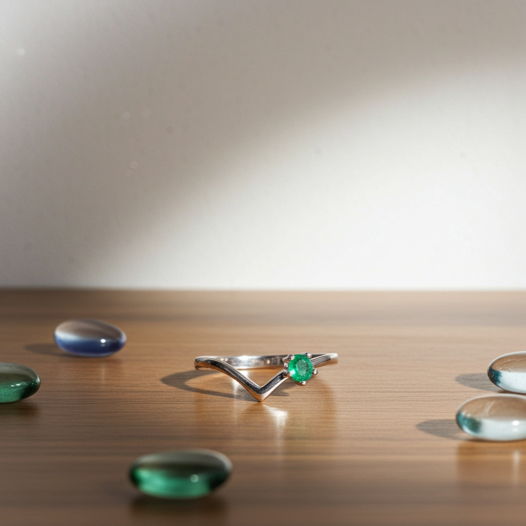 Dainty Natural Emerald Ring Platinum Plated Silver 3mm