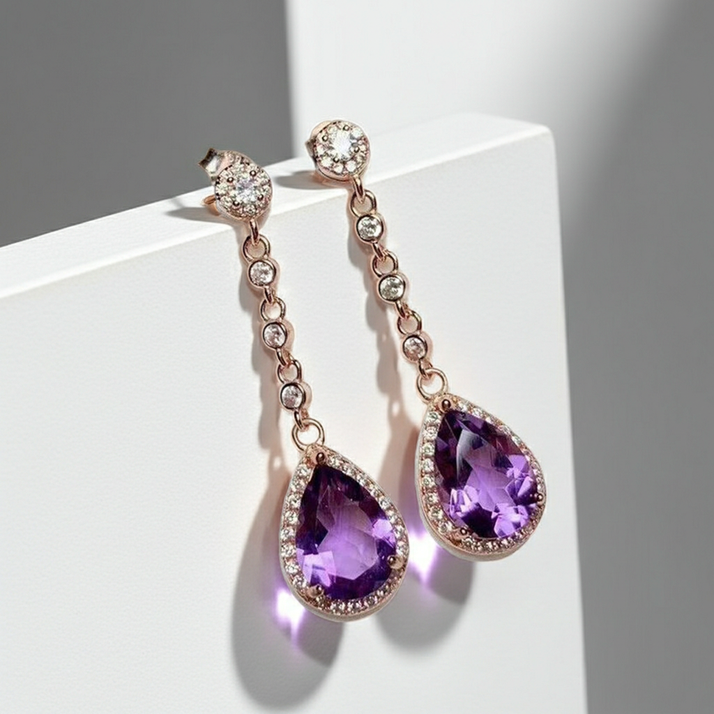 4CT Pear Cut Amethyst Drop Dangle Earrings