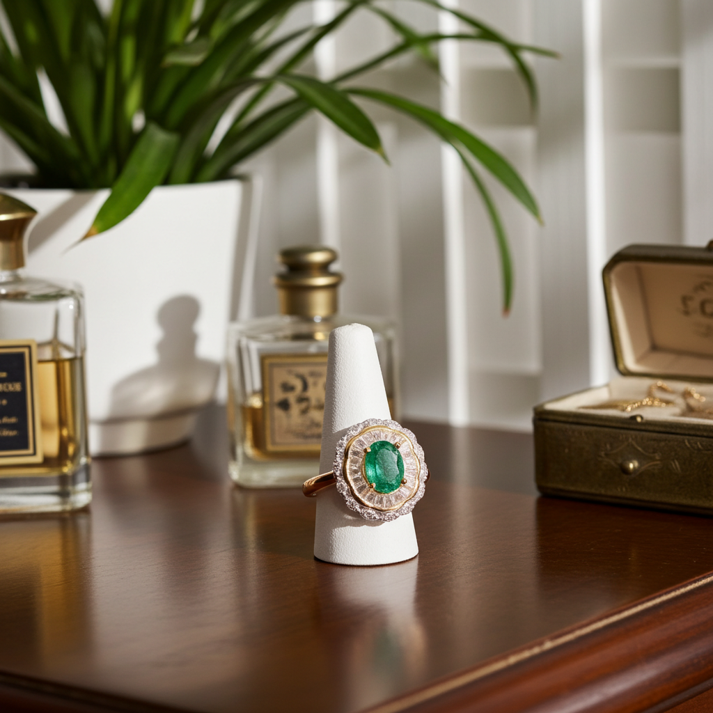 Colombian Emerald Two Tone Cocktail Ring 5x7mm