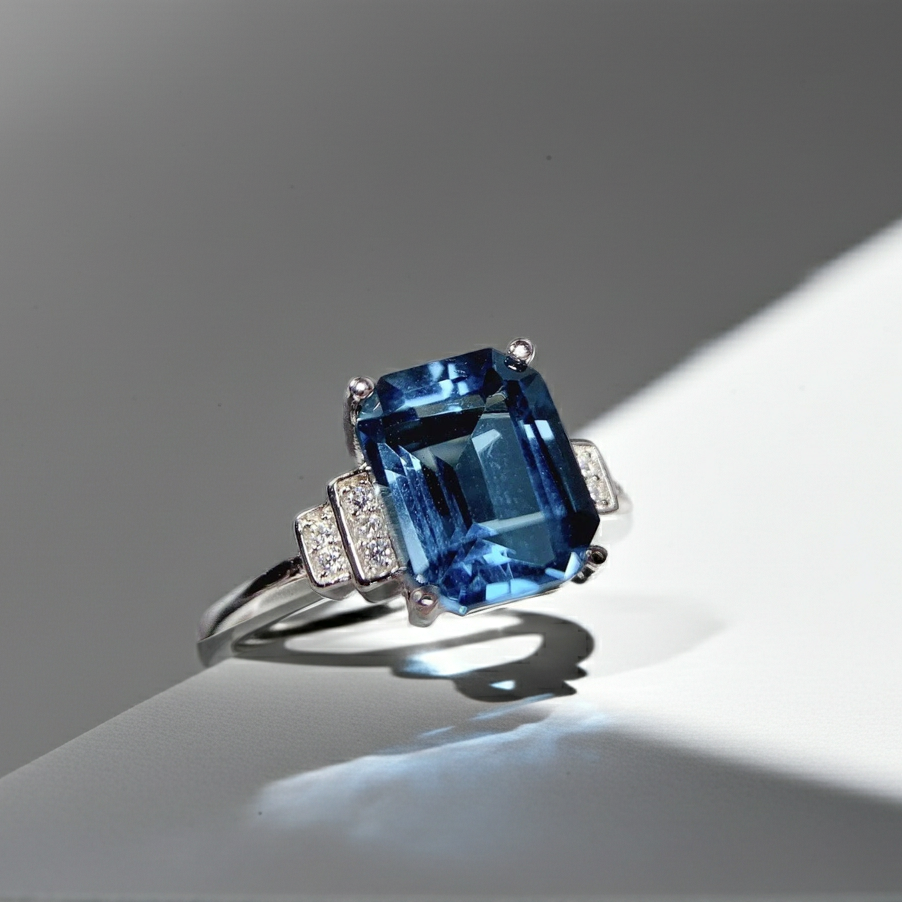 3 Carat Emerald Cut London Blue Topaz Ring 925 Sterling Silver