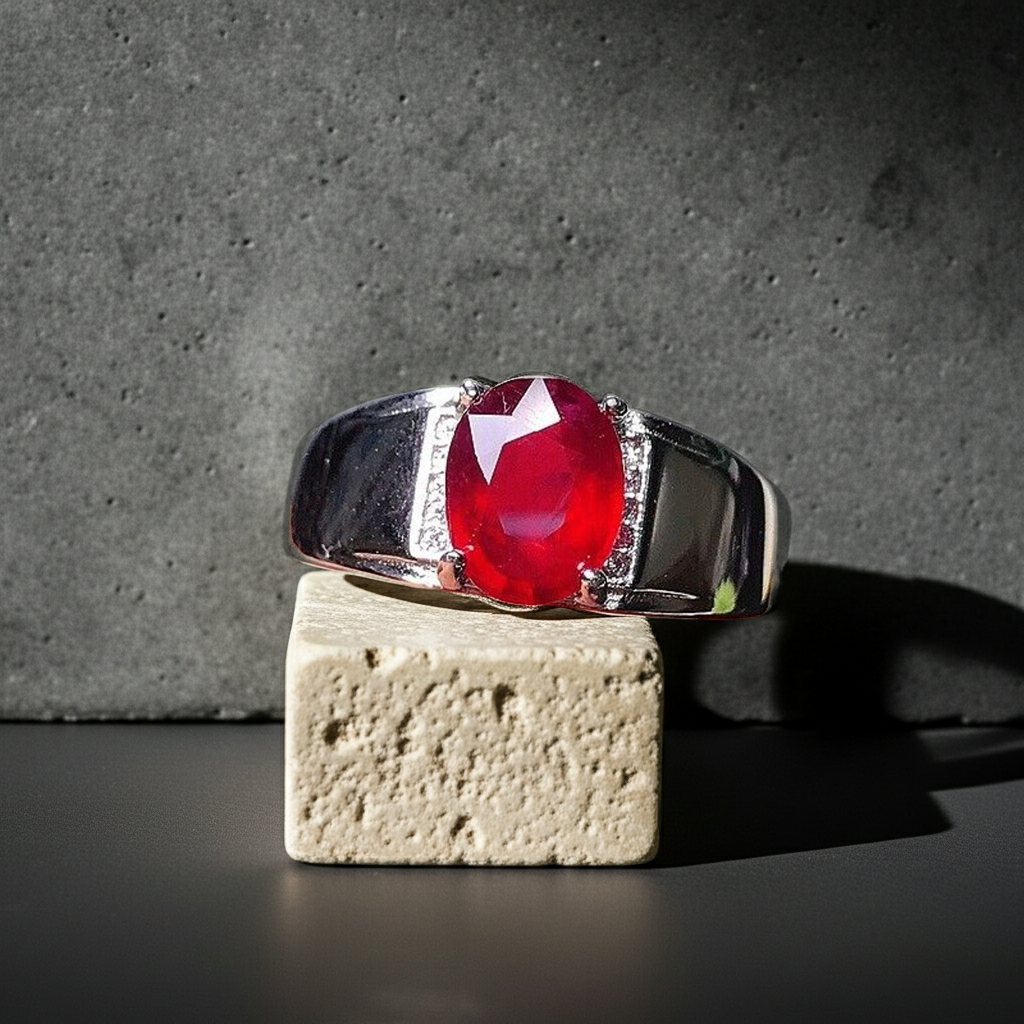 Mens Burma Ruby Ring 7x9mm Platinum Plated Silver