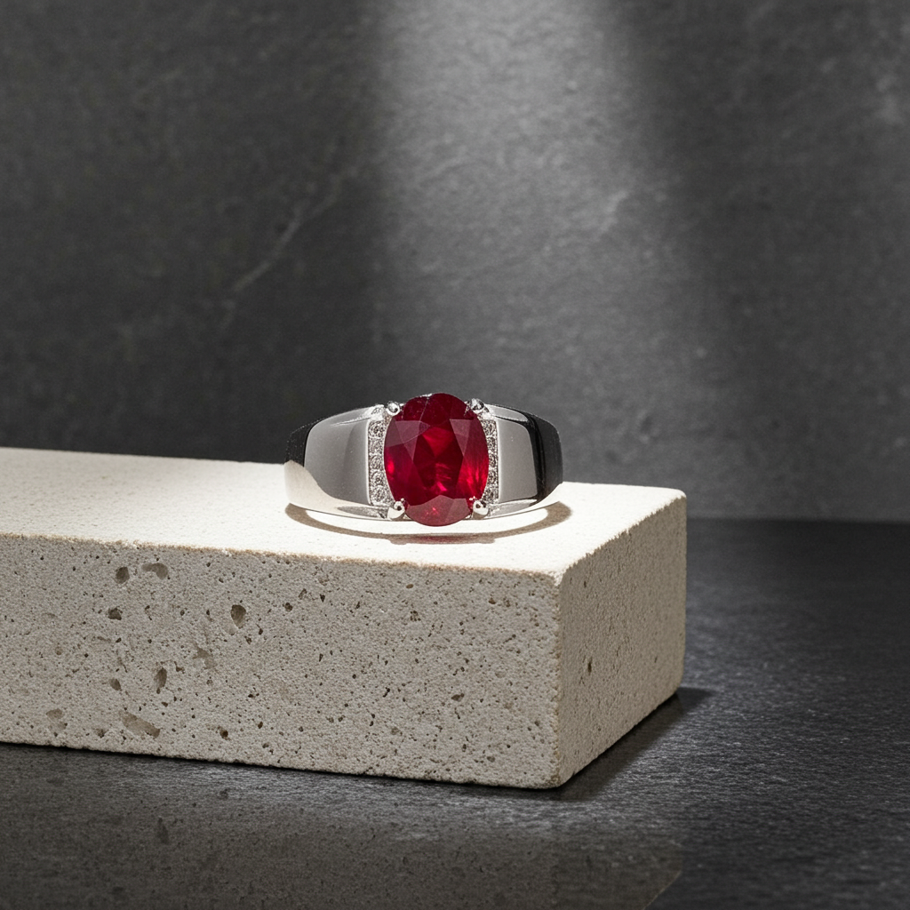 Mens Burma Ruby Ring 7x9mm Platinum Plated Silver