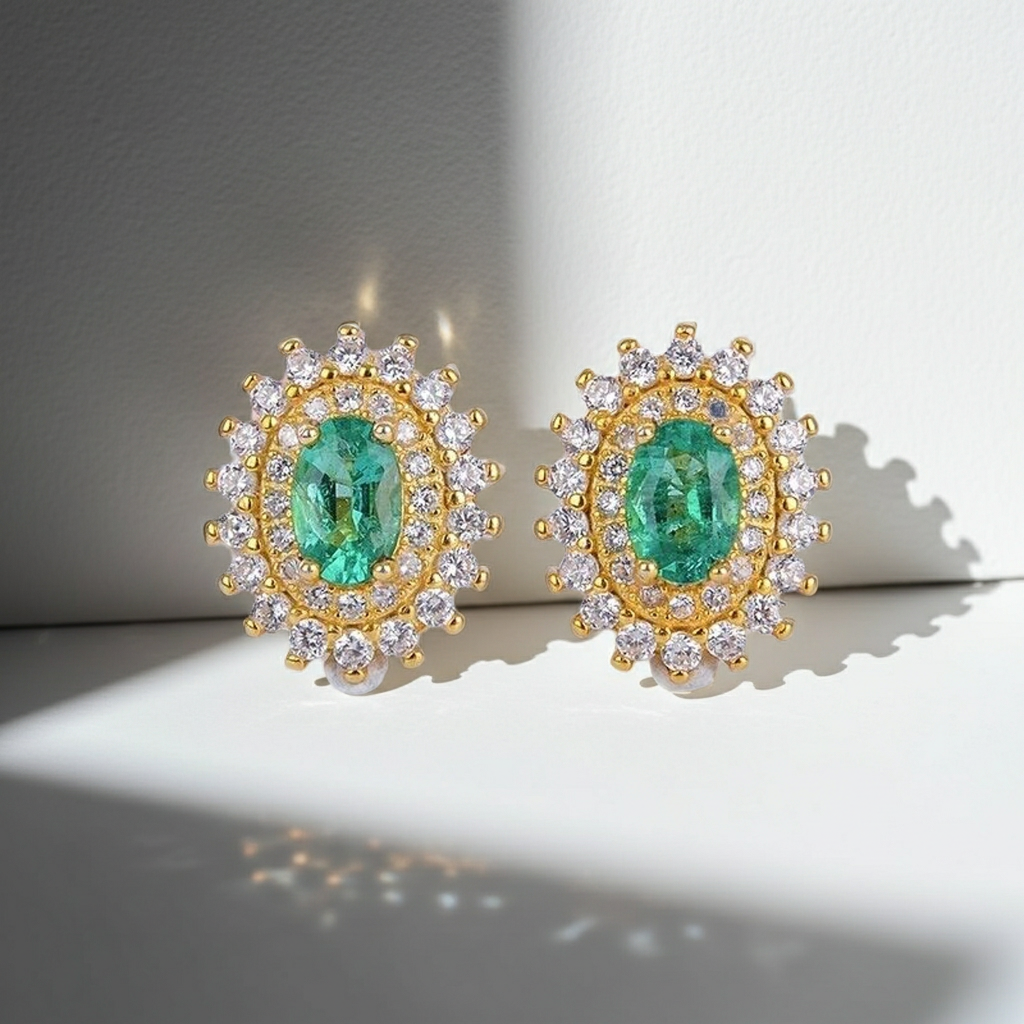 Colombian Emerald Cluster Stud Earrings 4x6mm 14k Gold Plated