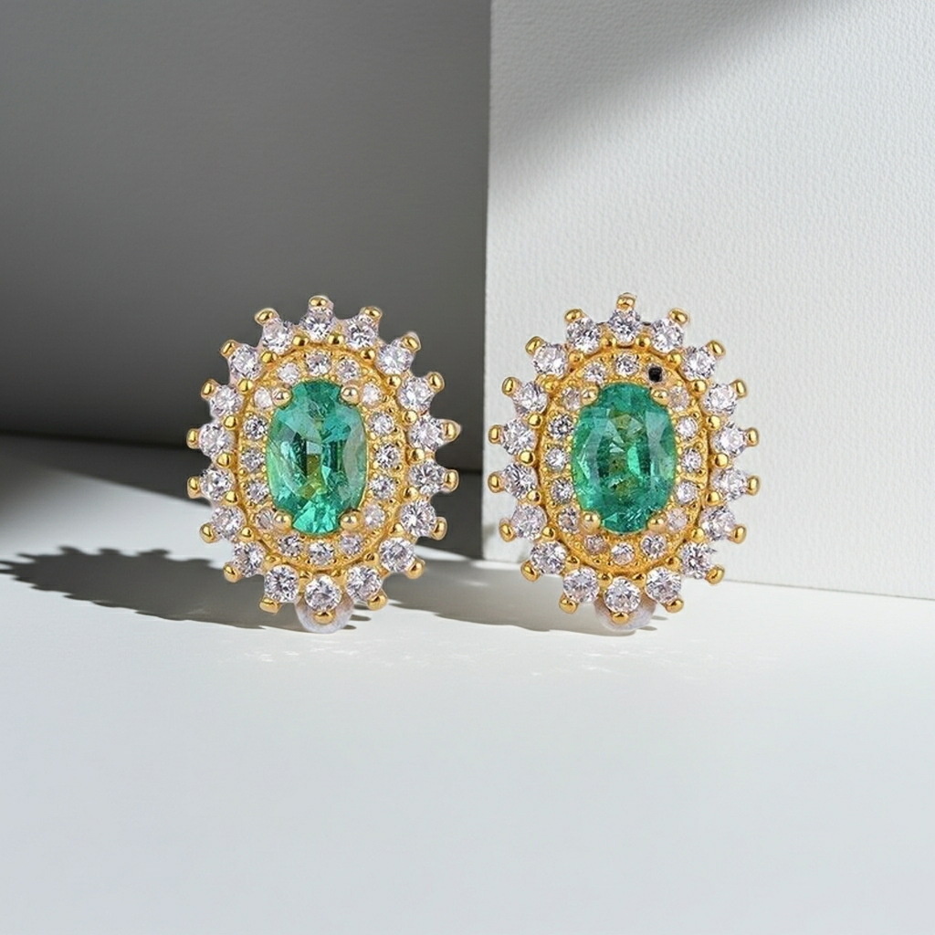 Colombian Emerald Cluster Stud Earrings 4x6mm 14k Gold Plated