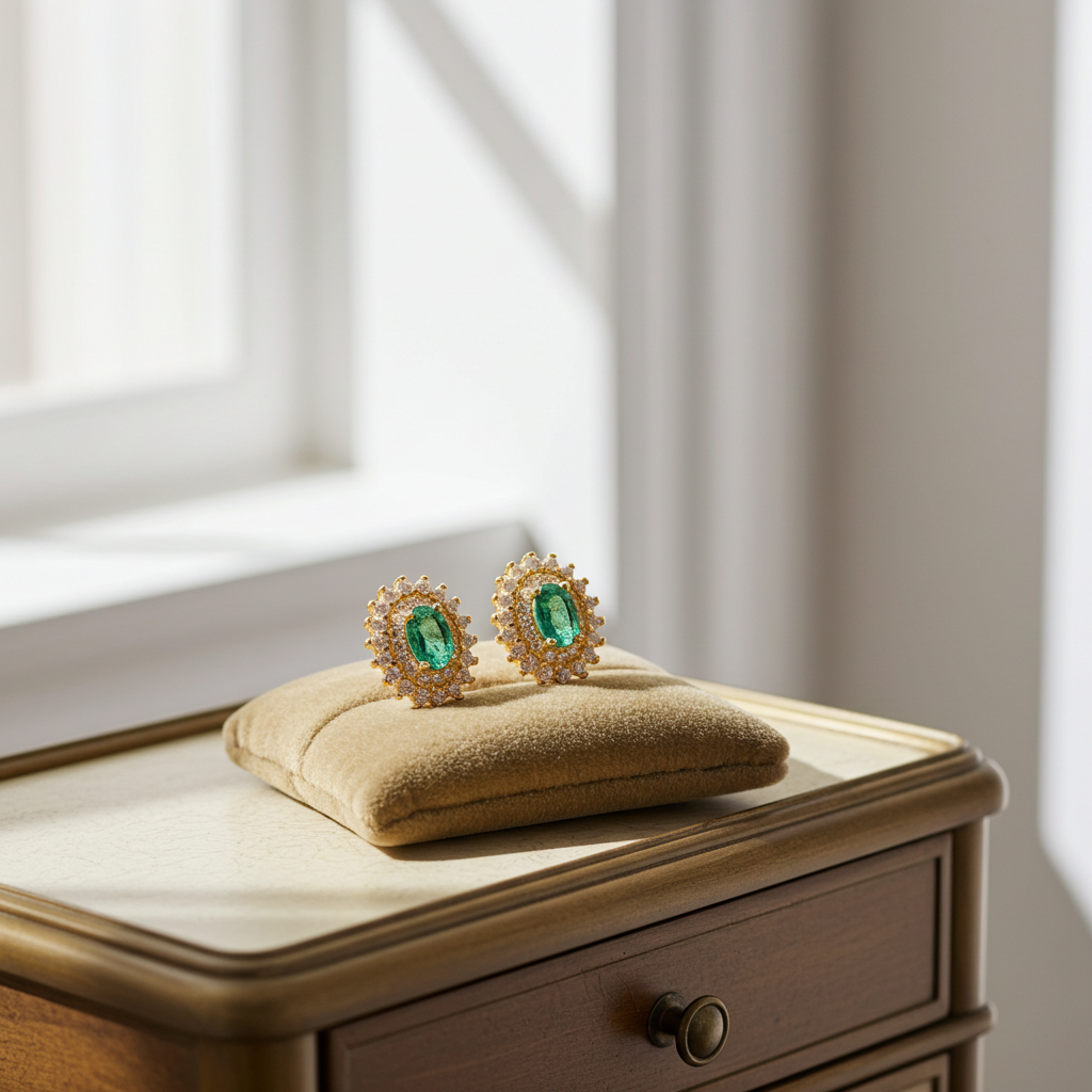 Colombian Emerald Cluster Stud Earrings 4x6mm 14k Gold Plated