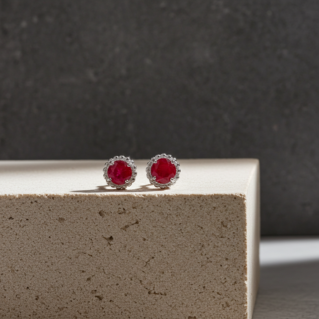 Burma Ruby Stud Earrings Round 5mm