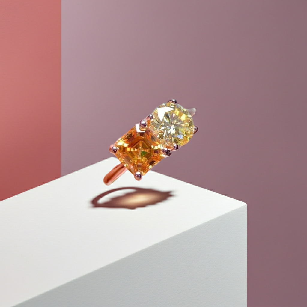 VVS1 Yellow Moissanite Square and Round Cut Ring 6mm