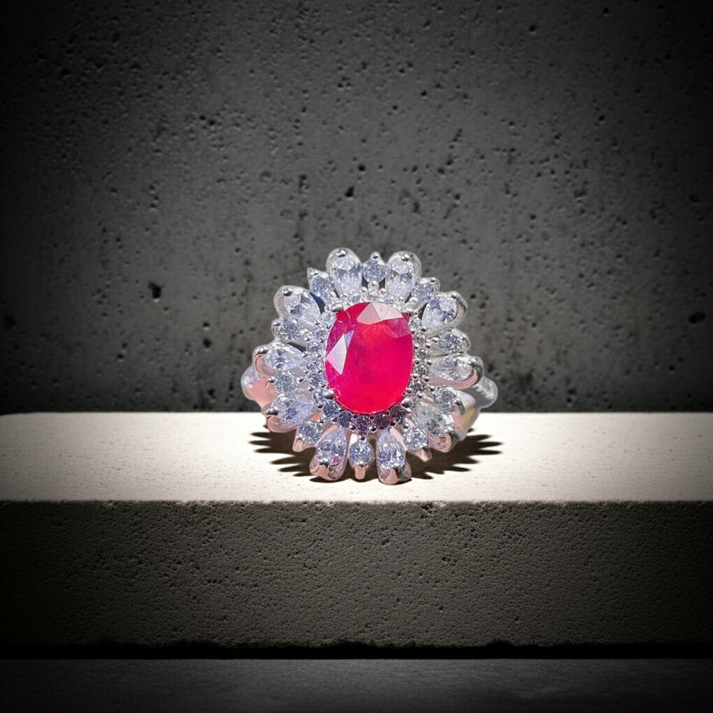 Burma Ruby Cluster Ring 6x8mm Platinum Plated