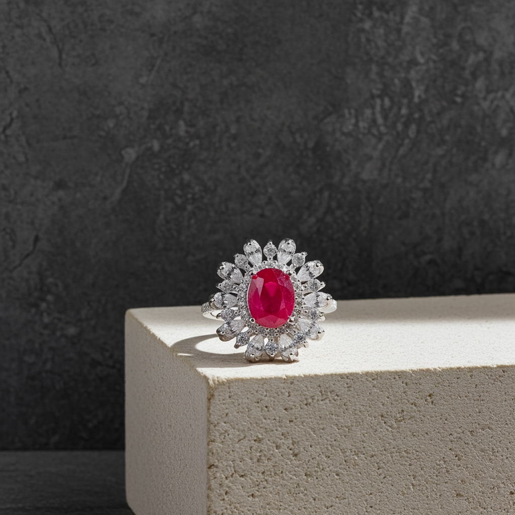 Burma Ruby Cluster Ring 6x8mm Platinum Plated