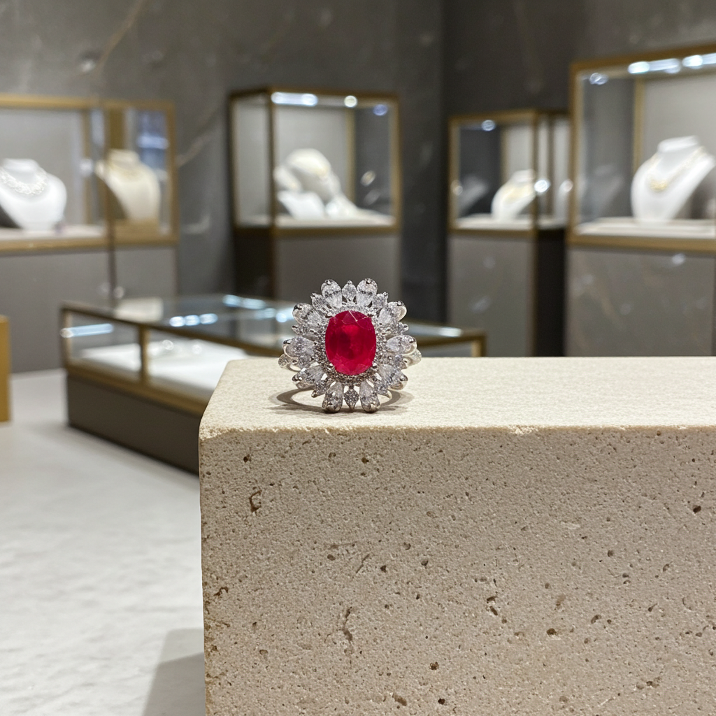 Burma Ruby Cluster Ring 6x8mm Platinum Plated