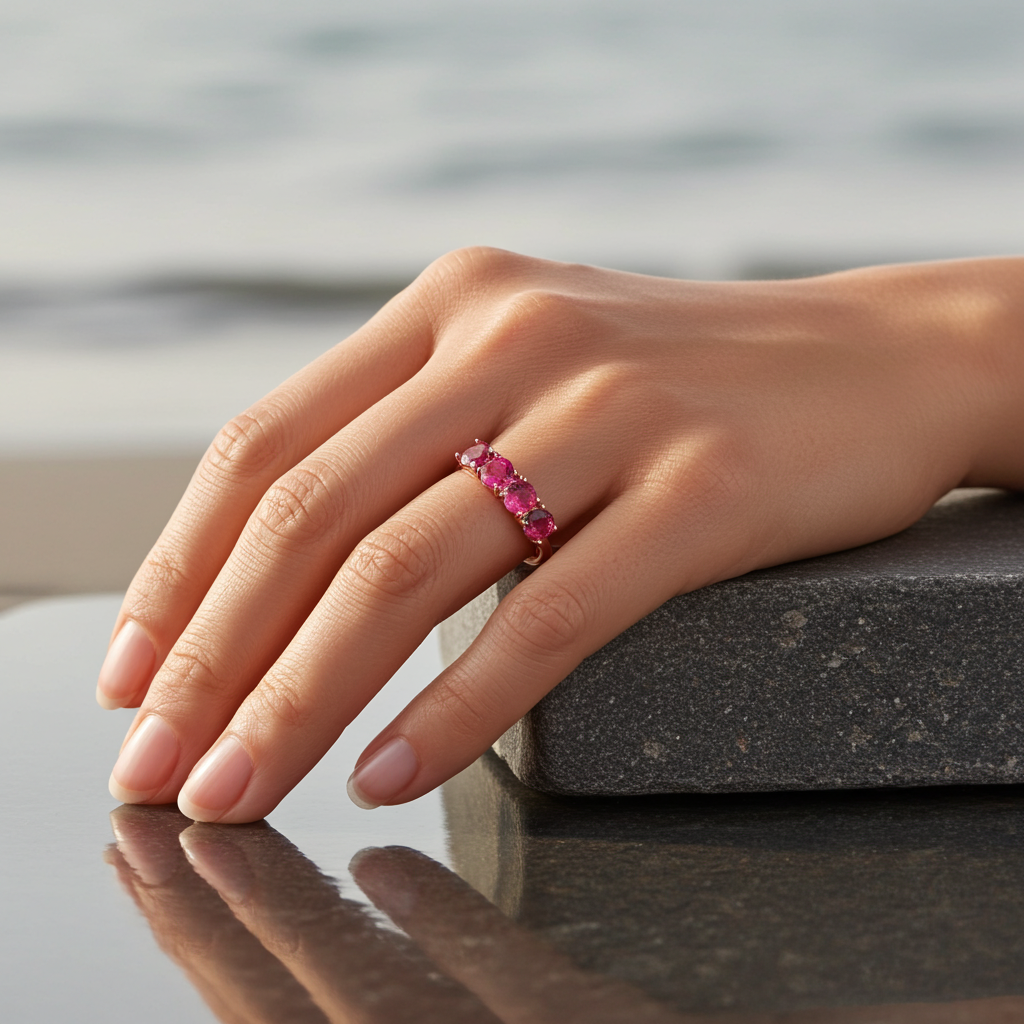 Pink Tourmaline Band Ring, Gradient Pink Tourmaline Ring 925 Sterling Silver