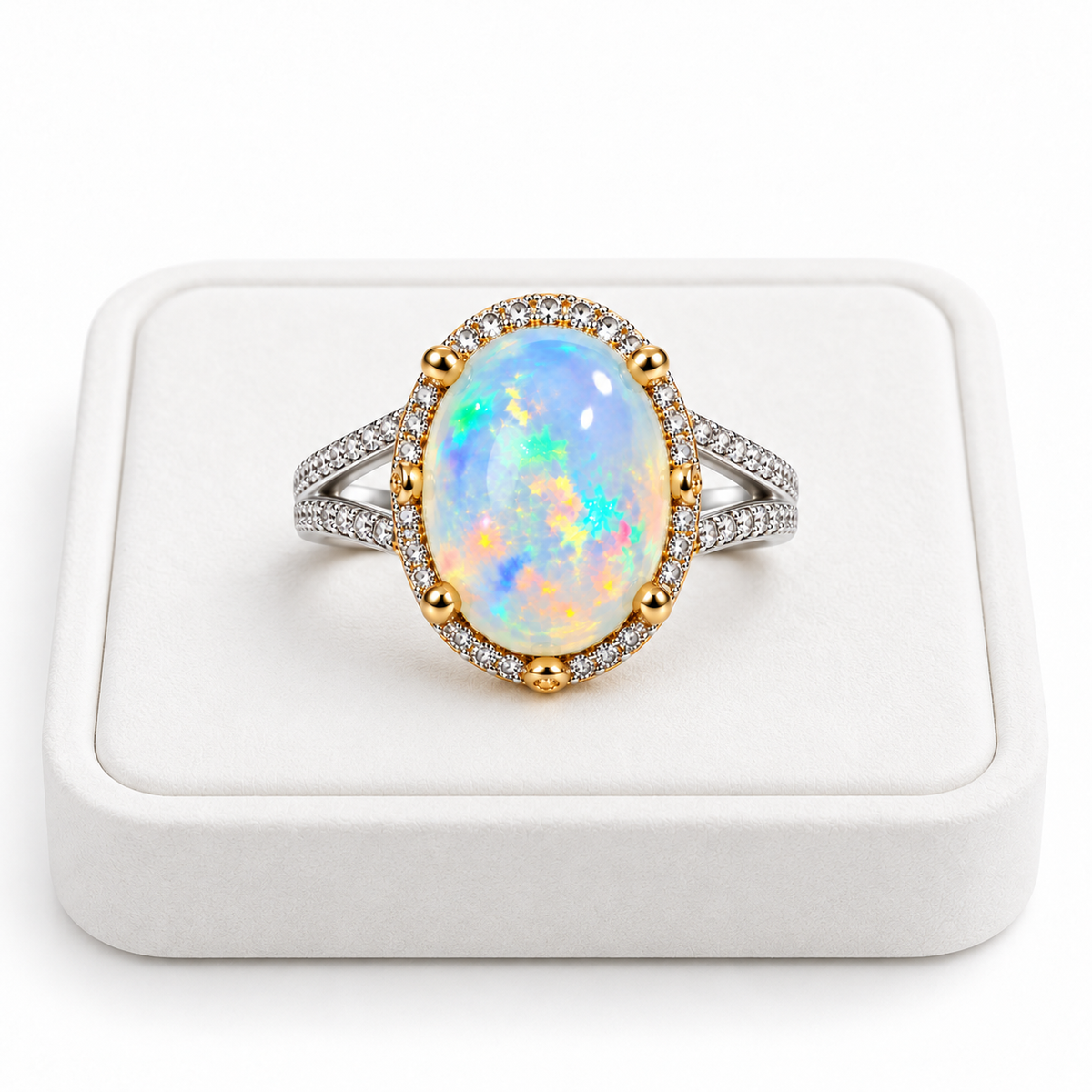 10×14mm Natural Australian White Fire Opal Ring – Oval Rainbow Opal Halo Ring in 925 Sterling Silver with Gold Accents
