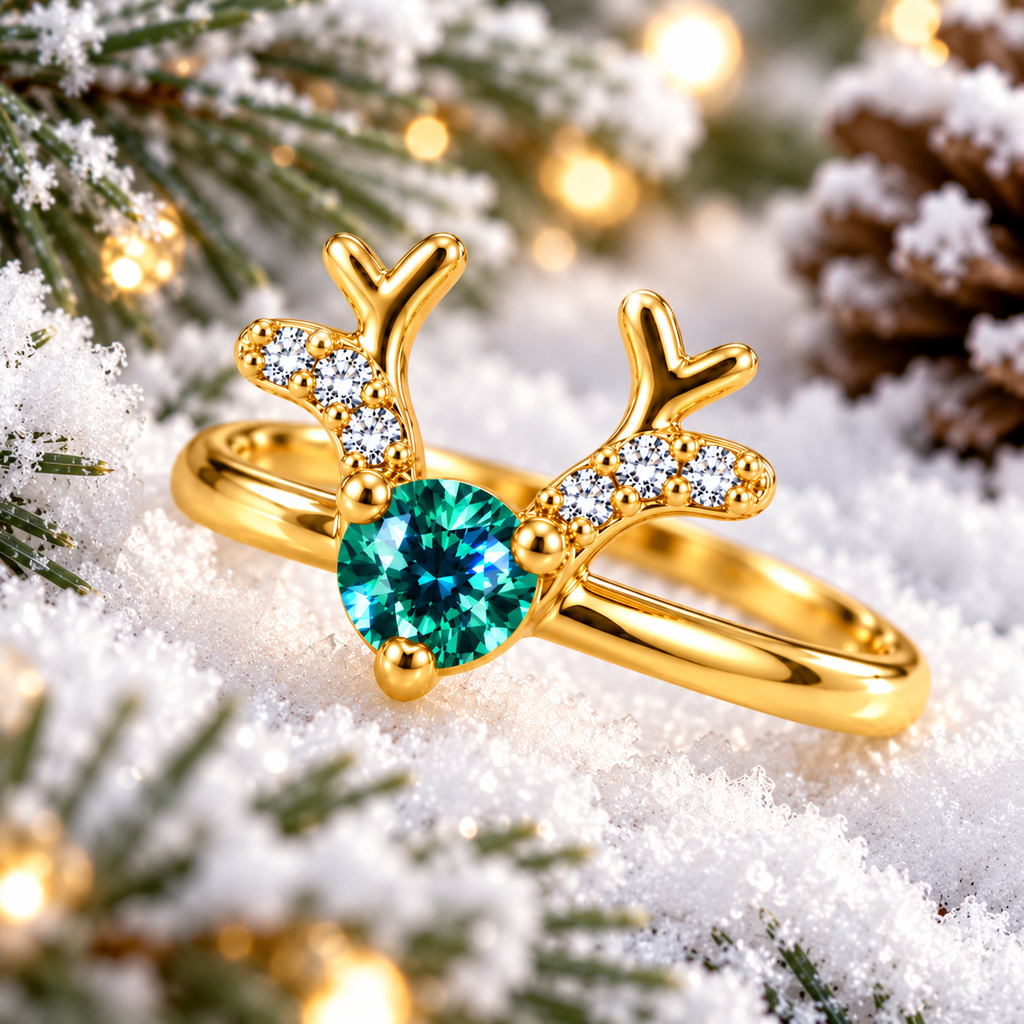 A gold reindeer antler ring with a large round green gemstone and small clear stones on the antlers, set against a snowy Christmas tree branch background with warm bokeh lights.