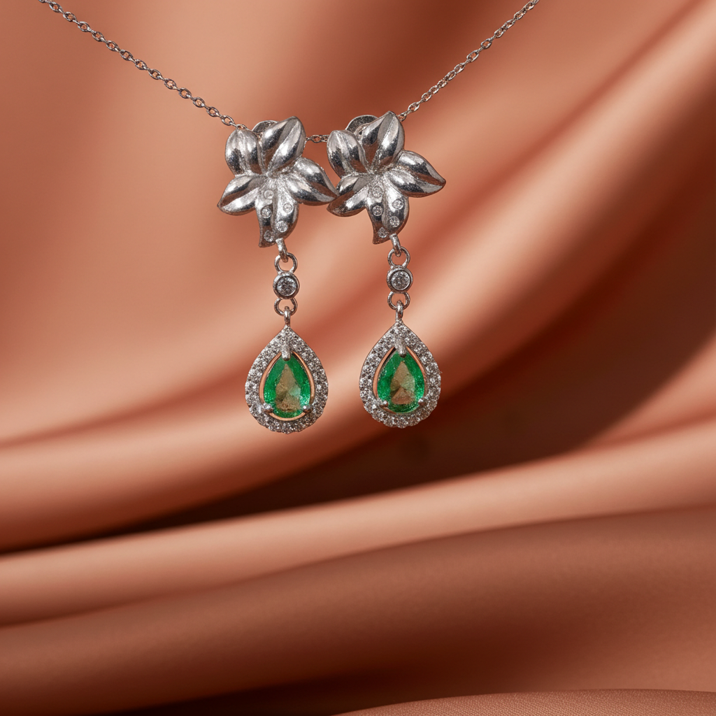 Natural Emerald Flower Dangle Earrings 4x6mm Platinum Plated