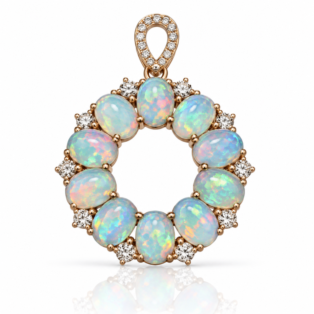 Natural fire opal pendant necklace with ten 4x6mm oval opals in gold plated 925 sterling silver on white background