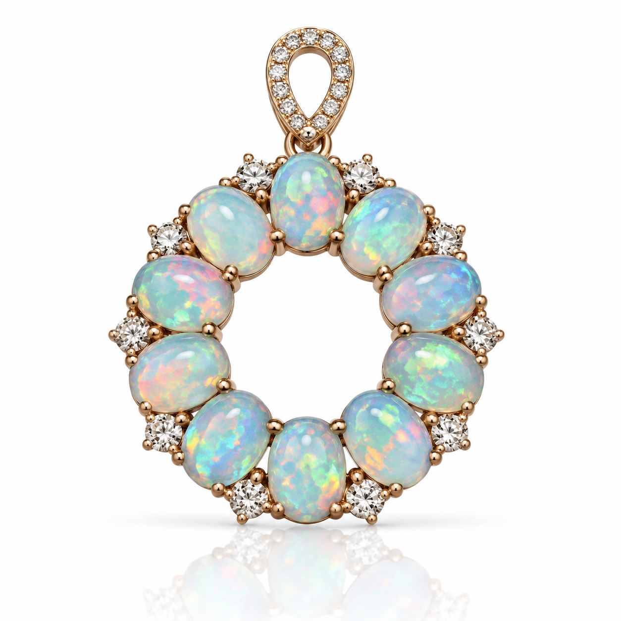 Natural fire opal pendant necklace with ten 4x6mm oval opals in gold plated 925 sterling silver on white background