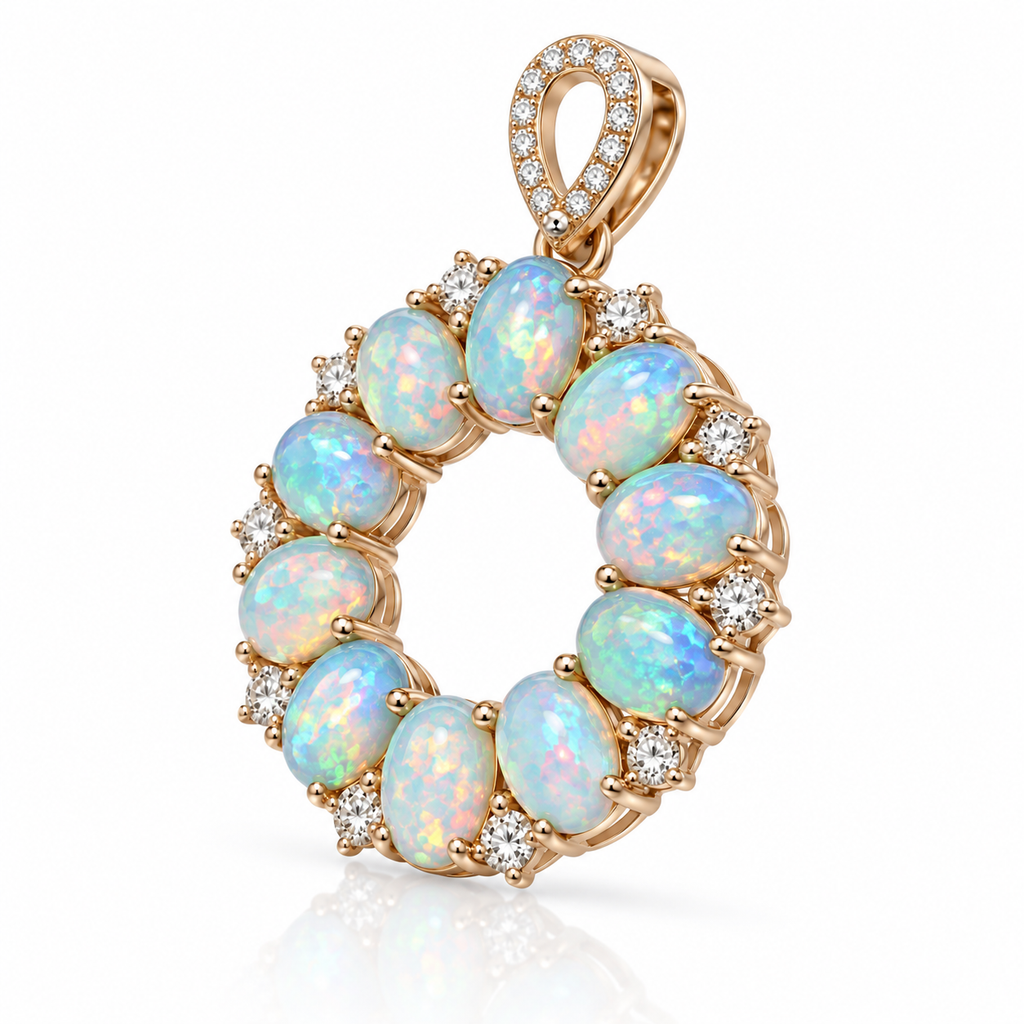 Three quarter view of natural fire opal pendant necklace featuring ten 4x6mm oval opals and sparkling accent stones