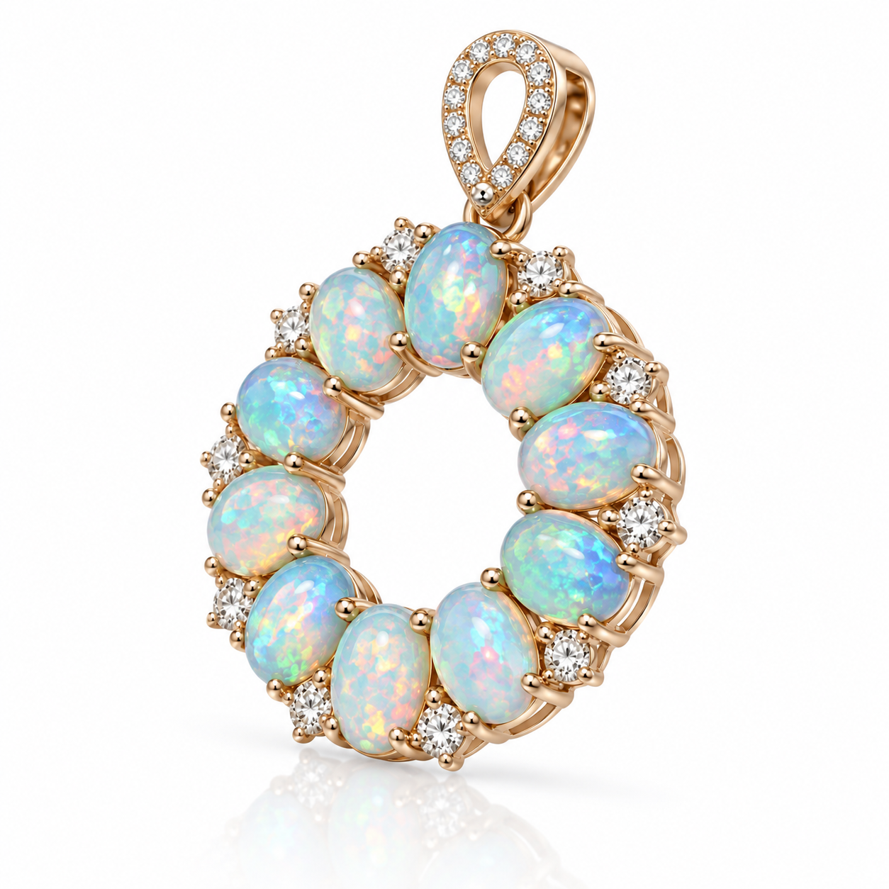 Three quarter view of natural fire opal pendant necklace featuring ten 4x6mm oval opals and sparkling accent stones