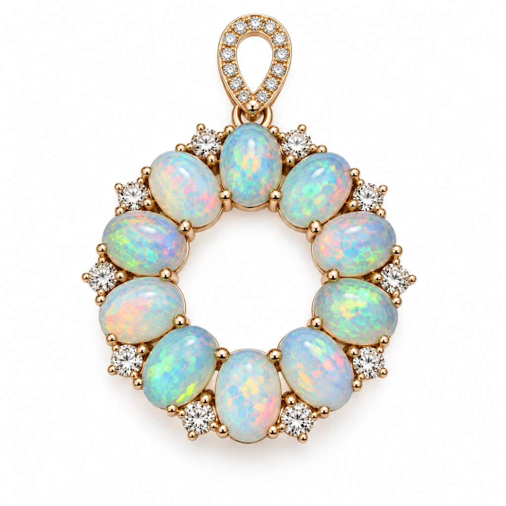 Close up natural fire opal pendant necklace showing colorful blue green pink and orange play of color in 4x6mm opals