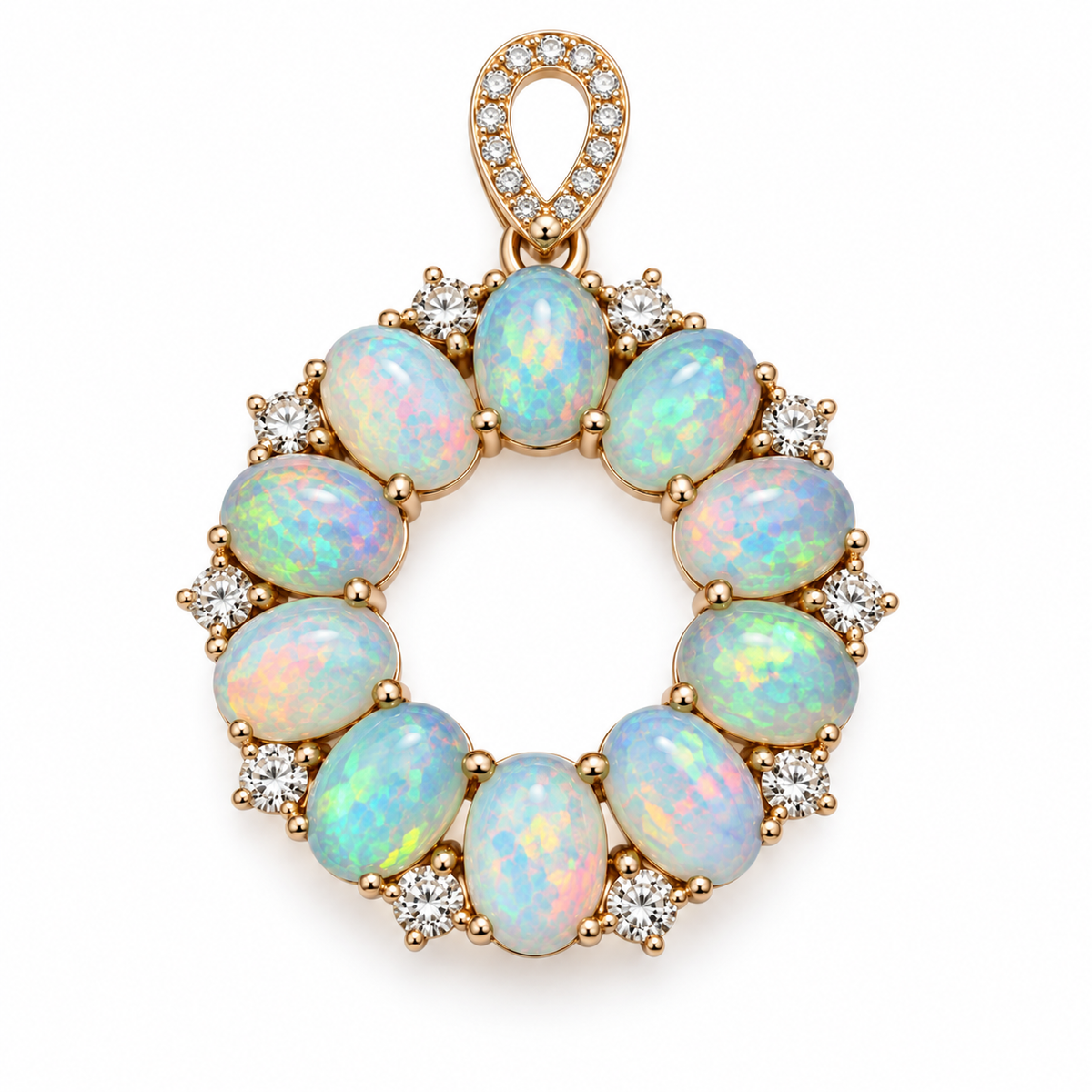 Close up natural fire opal pendant necklace showing colorful blue green pink and orange play of color in 4x6mm opals