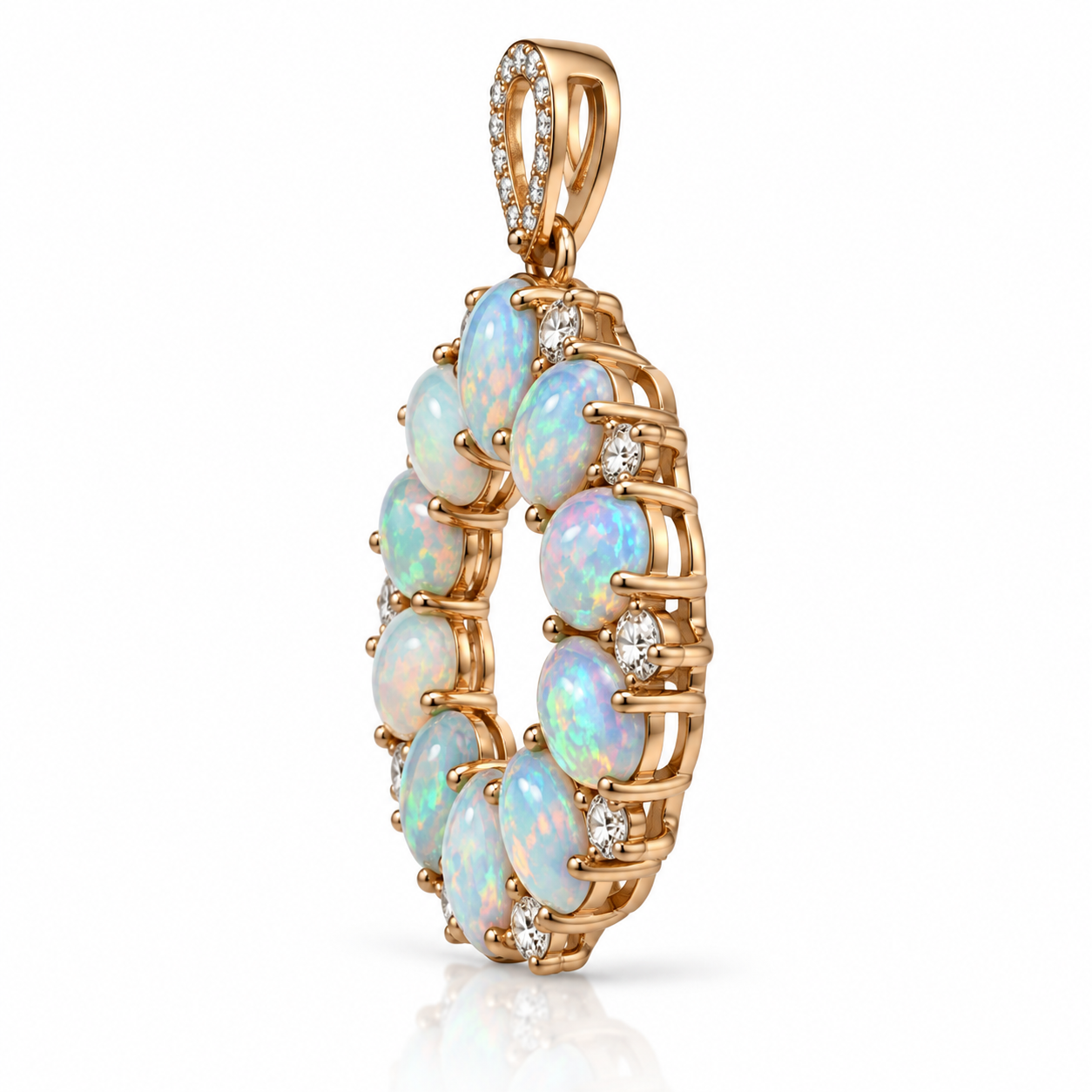 Side angle natural fire opal pendant showing gemstone depth polished 925 sterling silver settings and gold plated finish