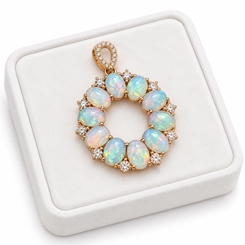 Natural fire opal pendant necklace displayed on a white velvet jewelry tray against a clean white background