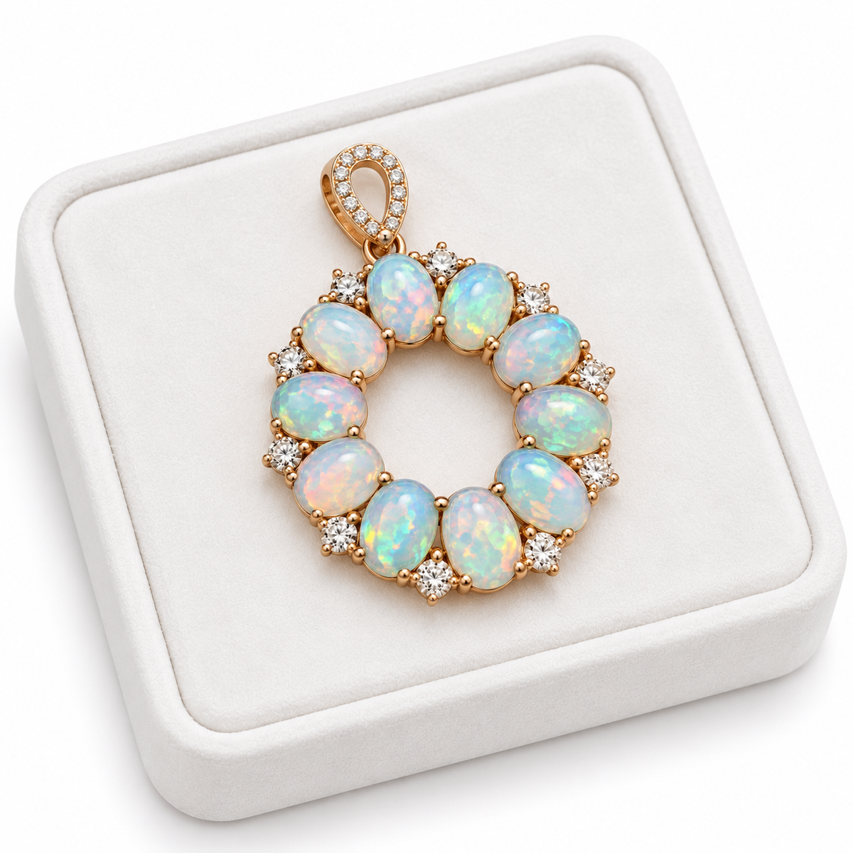 Natural fire opal pendant necklace displayed on a white velvet jewelry tray against a clean white background