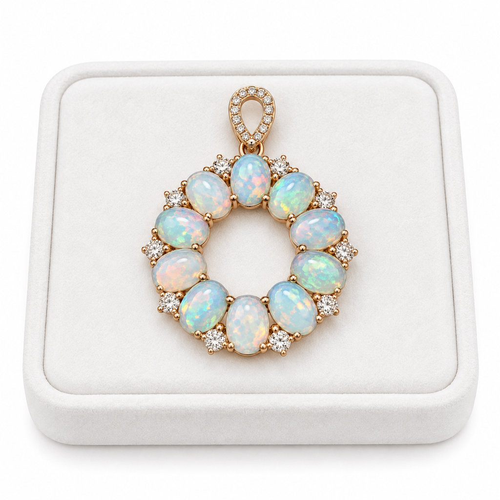 Natural fire opal pendant necklace displayed on a white velvet jewelry tray against a clean white background