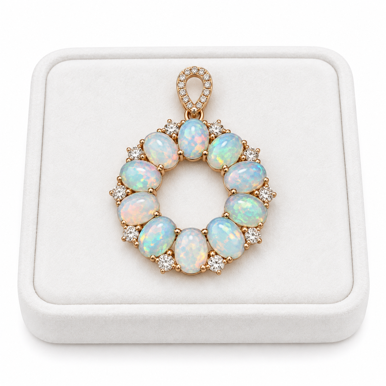 Natural fire opal pendant necklace displayed on a white velvet jewelry tray against a clean white background