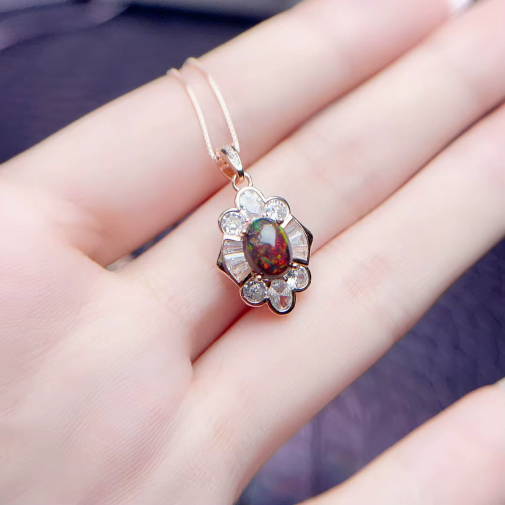 Colorful Black Opal Necklace, Natural Fire Opal Pendant Necklace
