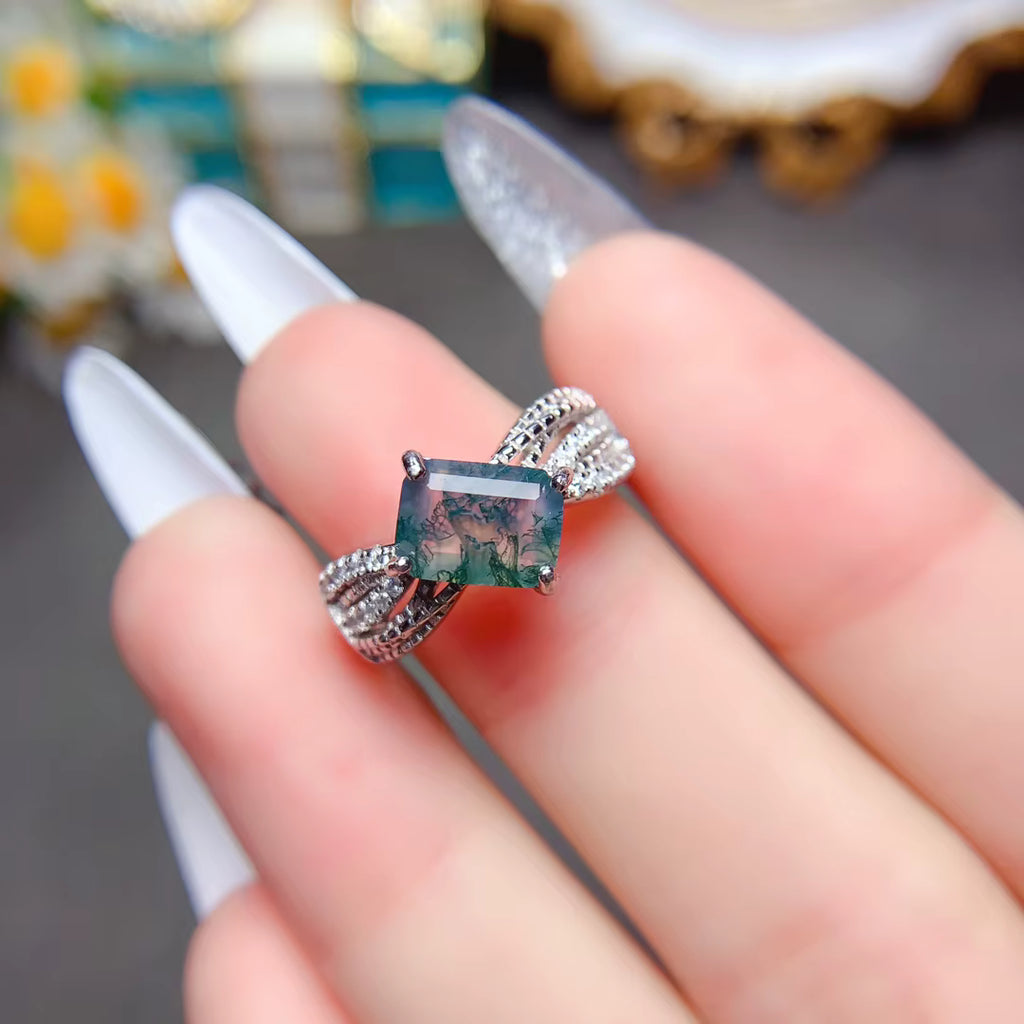 Natural Moss Agate Band Ring 925 Sterling Silver 5x7mm