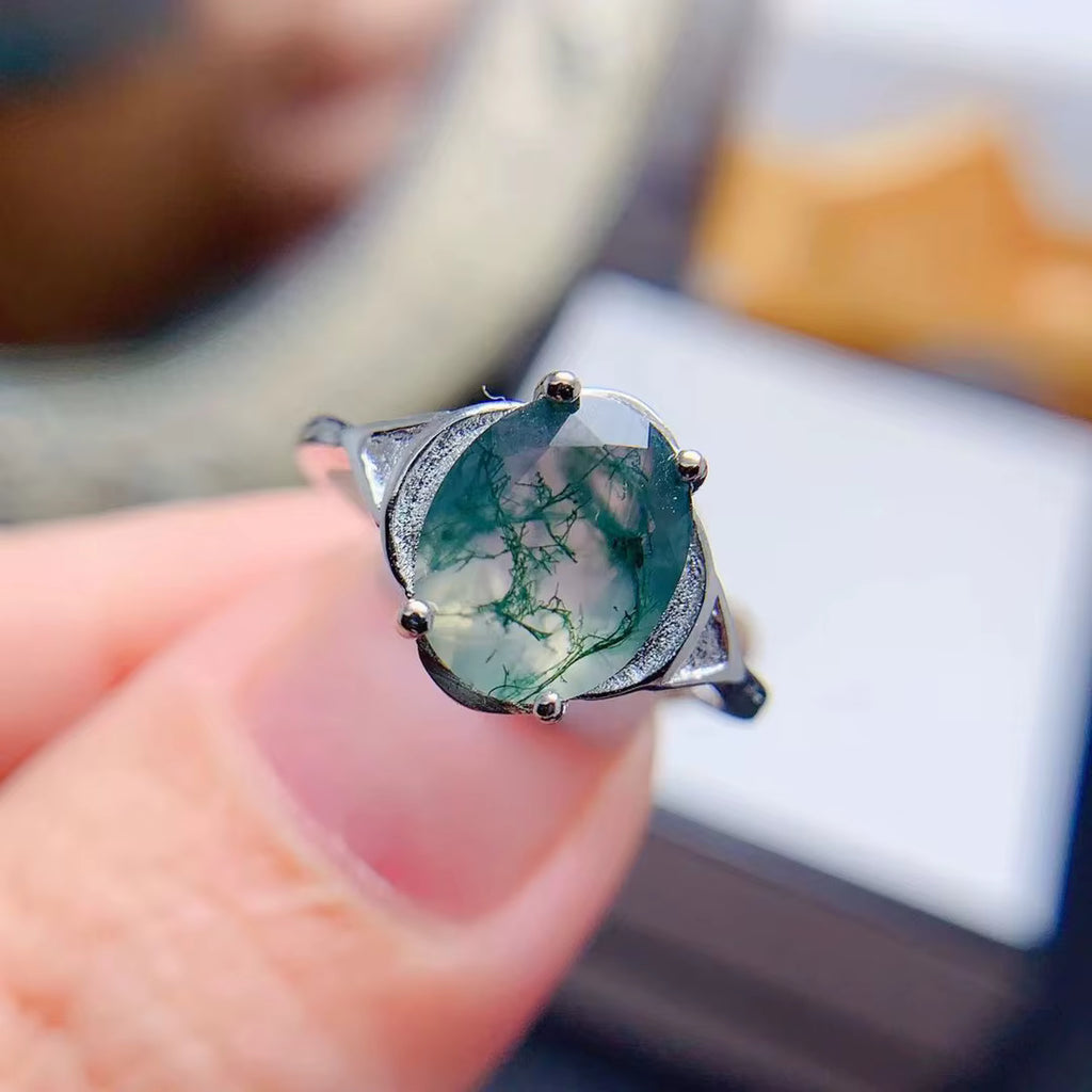 Moss Agate Gemstone Ring Oval Cut 925 Sterling Silver